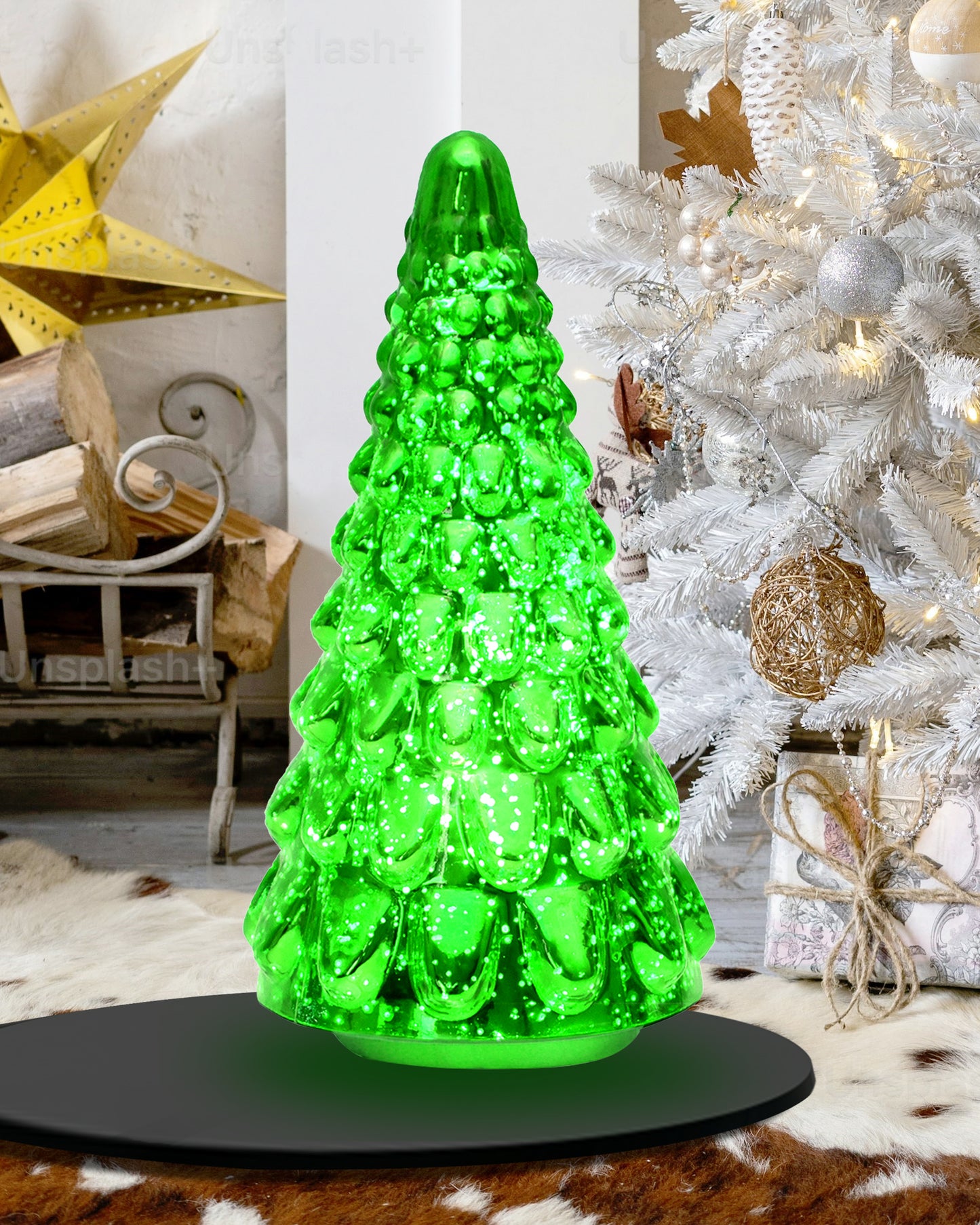 Mercury Glass Christmas Tree Xmas Trees Decorations Table Top Light Centerpiece Mantel Window Home Decor Bathroom Party Gift with Fairy Light,