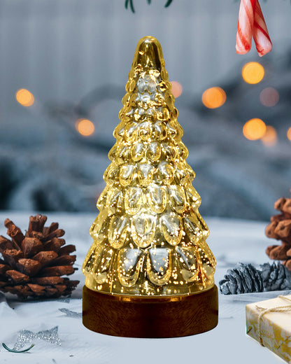 Mercury Glass Christmas Tree Xmas Trees Decorations Table Lamp Centerpiece Mantel Window Home Decor Bathroom Party Gift, Wooden Base Light,