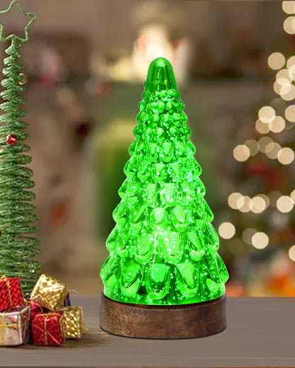 Mercury Glass Christmas Tree Xmas Trees Decorations Table Lamp Centerpiece Mantel Window Home Decor Bathroom Party Gift, Wooden Base Light,