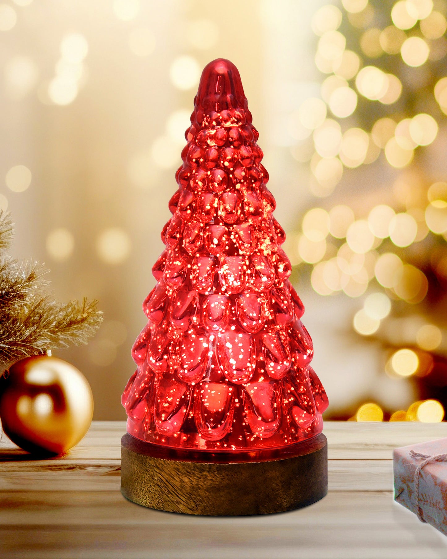 Mercury Glass Christmas Tree Xmas Trees Decorations Table Lamp Centerpiece Mantel Window Home Decor Bathroom Party Gift, Wooden Base Light,