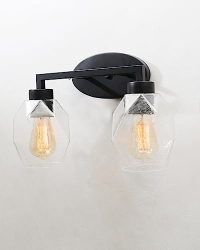 2-Light Wall Sconce Vanity Lighting Bathroom Lamp in Black with Hexa Glass Shades Wall Mounted Light Fixtures for Bedroom Stairs and Kitchen