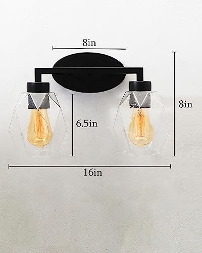 2-Light Wall Sconce Vanity Lighting Bathroom Lamp in Black with Hexa Glass Shades Wall Mounted Light Fixtures for Bedroom Stairs and Kitchen