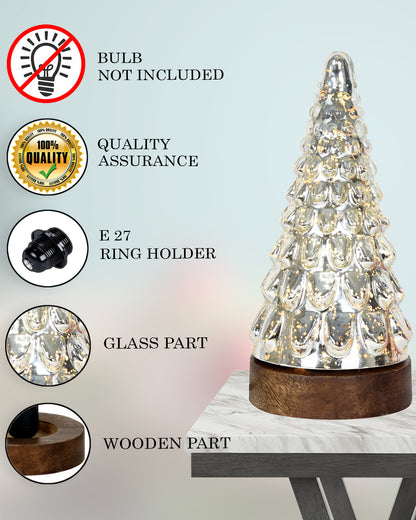 Mercury Glass Christmas Tree Xmas Trees Decorations Table Lamp Centerpiece Mantel Window Home Decor Bathroom Party Gift, Wooden Base Light,