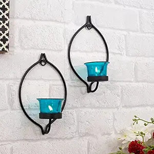 Set of 2 Decorative Black Eye Wall Sconce/Candle Holder With Glass and Free T-light Candles