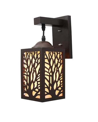 Wooden Modern Floral Pattern Wall Light, Coffee Brown White Frost shade