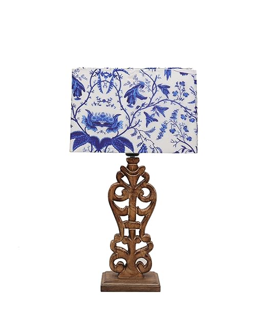 Sculptural Hand Carved Wood Table Lamp with Blue Birds shade, Mint Green.