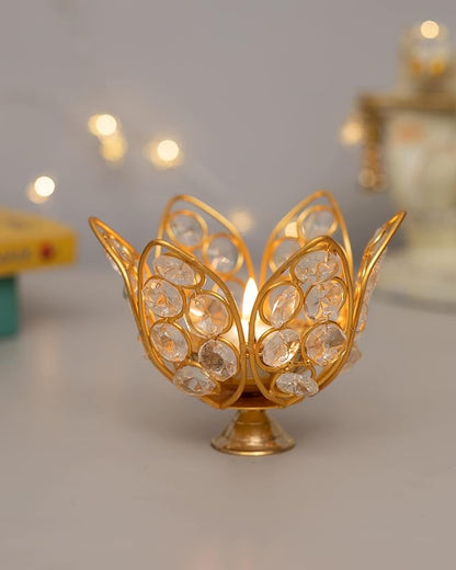 Lotus Shape Crystal Akhand Diya Jyothi Oil Deepam Brass for Puja Home Decor