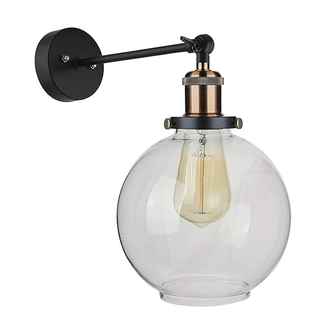 Edison Industrial Glass Globe Wall Lamp, Vintage Industrial Loft, E27 Holder, Decorative, Swing Wall Light, Filament/LED