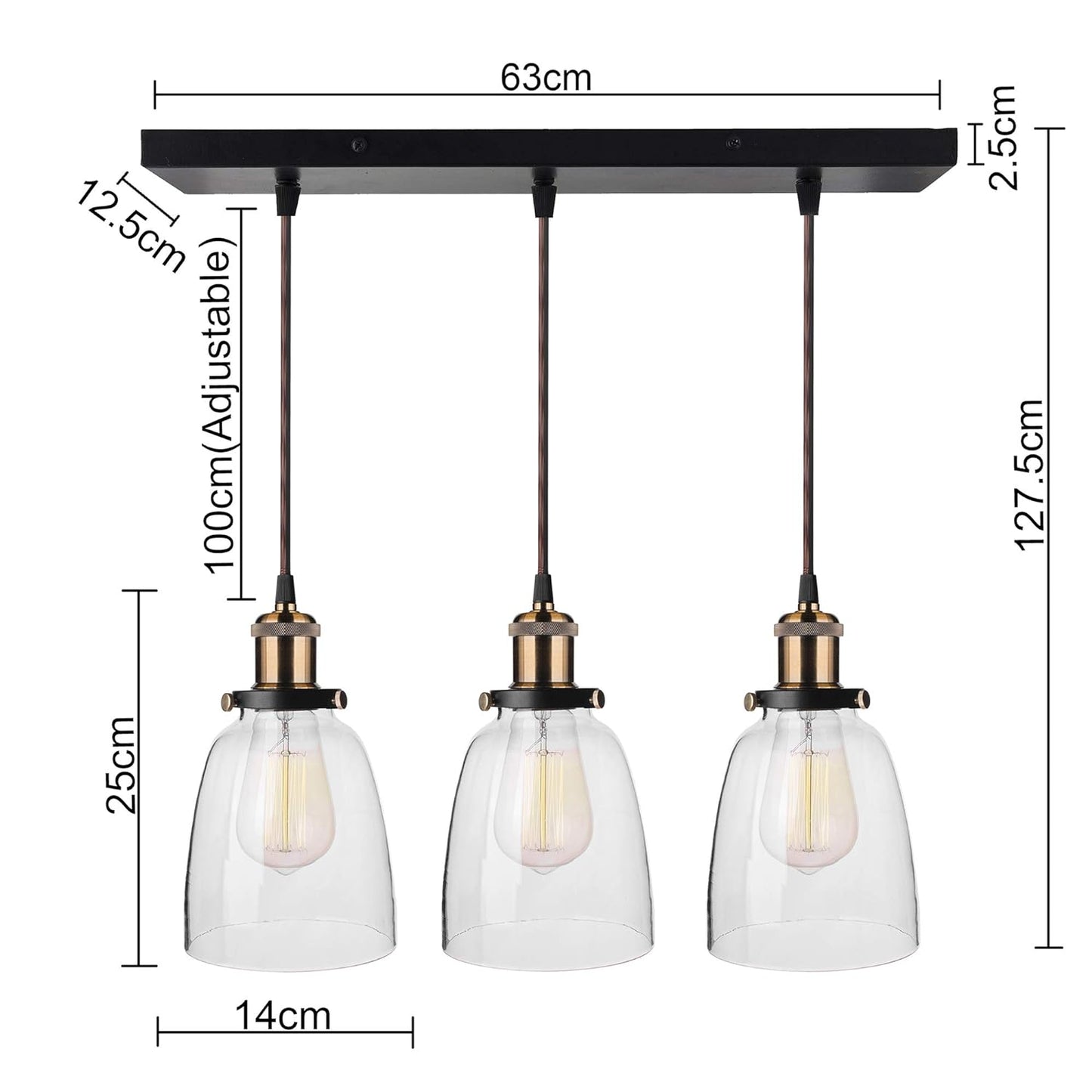 3-Lights Linear Cluster Chandelier Modern Bell Glass Shade Hanging Light, Antique  Socket, E27 Holder, Decorative, Black, URBAN Retro, Nordic Style