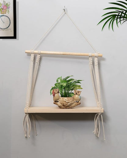 Macrame Wall Hanging Shelf Wood Floating Boho Shelves with Wooden Dowel Modern Chic Hand Woven Art Decor for Apartment Dorm Bedroom Living Room Nursery Beige