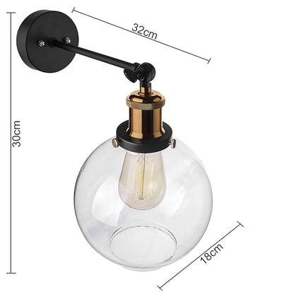 Edison Industrial Glass Globe Wall Lamp, Vintage Industrial Loft, E27 Holder, Decorative, Swing Wall Light, Filament/LED