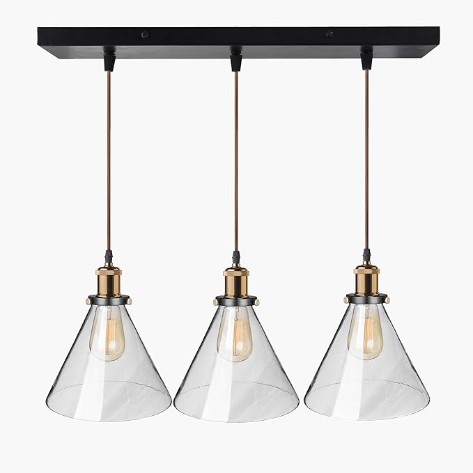 3-Lights Linear Cluster Chandelier Modern Glass Cone Shaped Hanging Light, Antique Socket, E27 Holder, Decorative, Black, URBAN Retro, Nordic Style