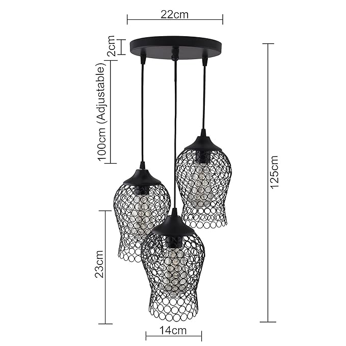 3-lights Round Cluster Chandelier Black Chimney Hanging Pendant Light with Braided Cord