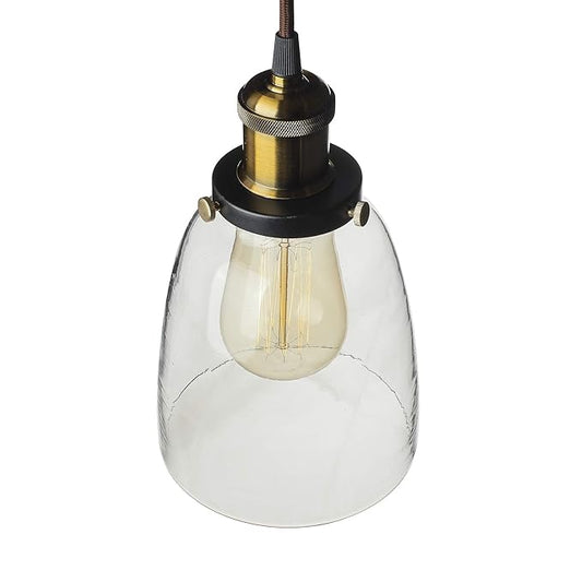 Pendant Light with Bell Glass Shade, Metal Base Cap and Adjustable Textile Cord, Industrial Style Retro Hanging Lamps for Dining Living Room