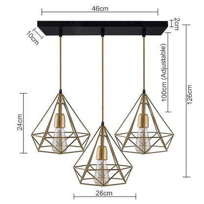 3-lights Linear Cluster Chandelier Golden Diamond hanging Pendant Light, kitchen area and dining room light