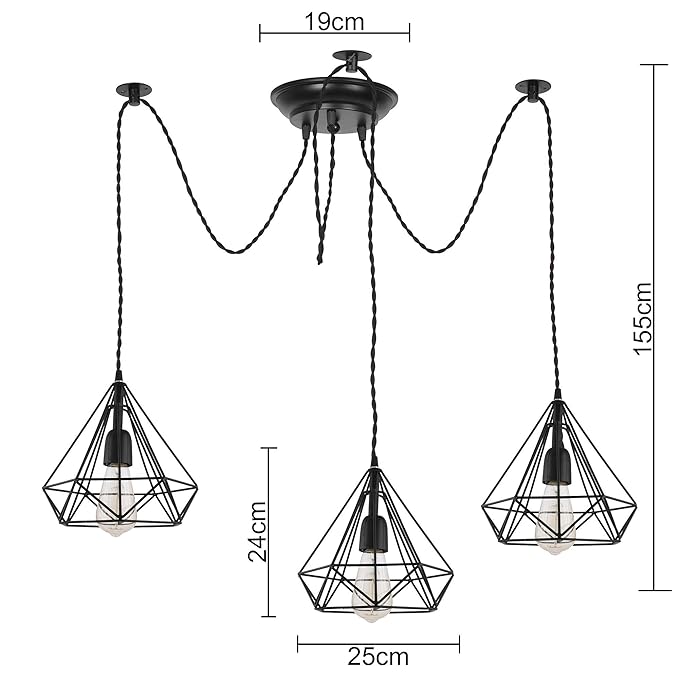 Spider Chandelier Diamond Lamp, Vintage Edison Style E 27 Adjustable DIY Ceiling Pendant Light, E27 Rustic Cluster Hanging Light(1.25 M, Black Twisted Wire)