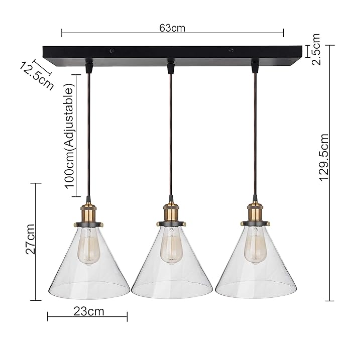 3-Lights Linear Cluster Chandelier Modern Glass Cone Shaped Hanging Light, Antique Socket, E27 Holder, Decorative, Black, URBAN Retro, Nordic Style