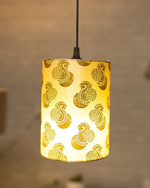 Golden Leaf Hanging Cylinder Lamp Shade, Decorative Light Lamp for Living Room, Home, Bedroom