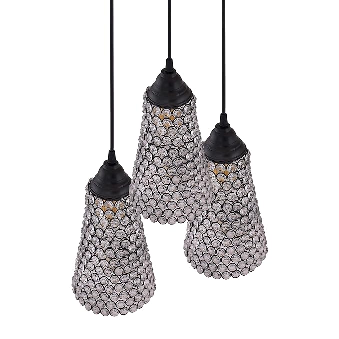 3-lights Round Cluster Chandelier  Crystal Cone Hanging Pendant Light with Braided Cord