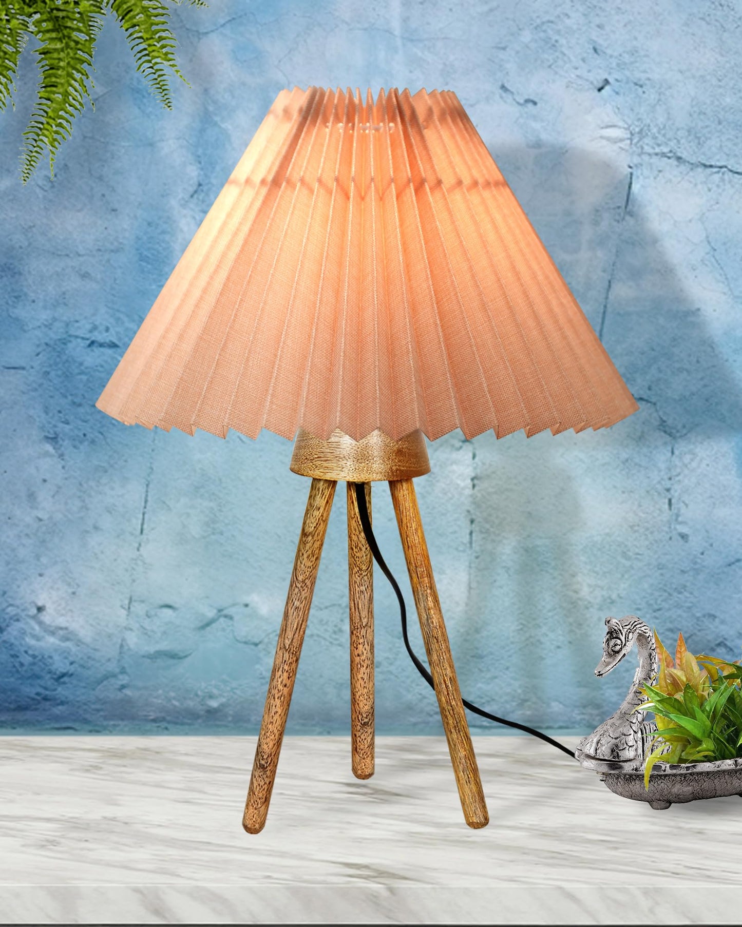 Wood Tripod Small Table Lamps, Rustic Antique Dimmable Bedside Lamp with Linen Lampshade, Nightstand Lamp for Nursery, Bedroom, Kid Room, Living Room,