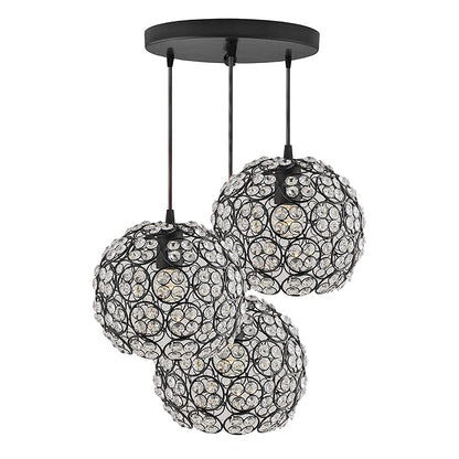 3-Lights Round Cluster Globe Chandelier Quad Crystal Hanging Light, Decorative, Black, Kitchen Area and Dining Room Light, LED/Filament Light