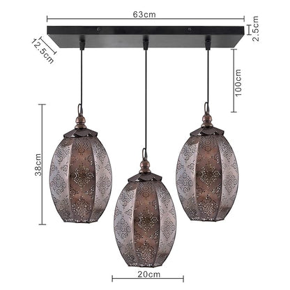 3-Lights Linear Cluster Chandelier Antique Finish Oval Moroccan Hanging Pendant Light, Kitchen Area and Dining Room Light, LED/Filament Light