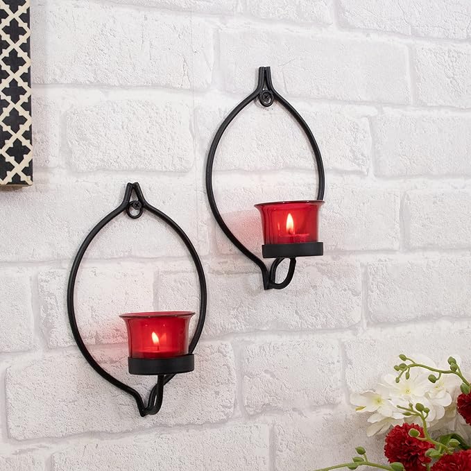 Set of 2 Decorative Black Eye Wall Sconce/Candle Holder With Glass and Free T-light Candles