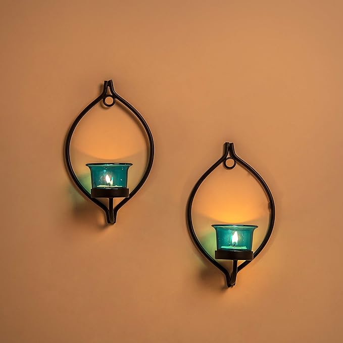 Set of 2 Decorative Black Eye Wall Sconce/Candle Holder With Glass and Free T-light Candles