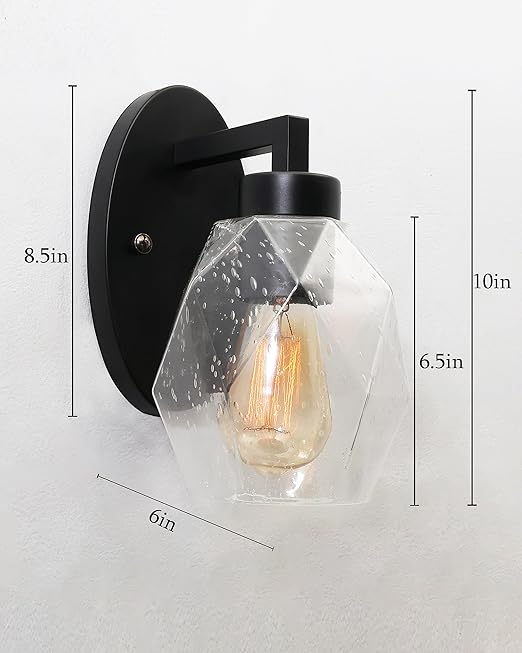 1-Light Wall Sconce Vanity Lighting Bathroom Lamp in Black with Hexa Glass Shades Wall Mounted Light Fixtures for Bedroom Stairs and Kitchen