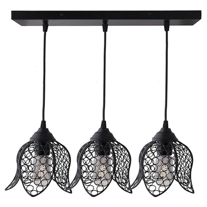 3-lights Cluster Chandelier Black Lotus Hanging Pendant Light with Braided Cord