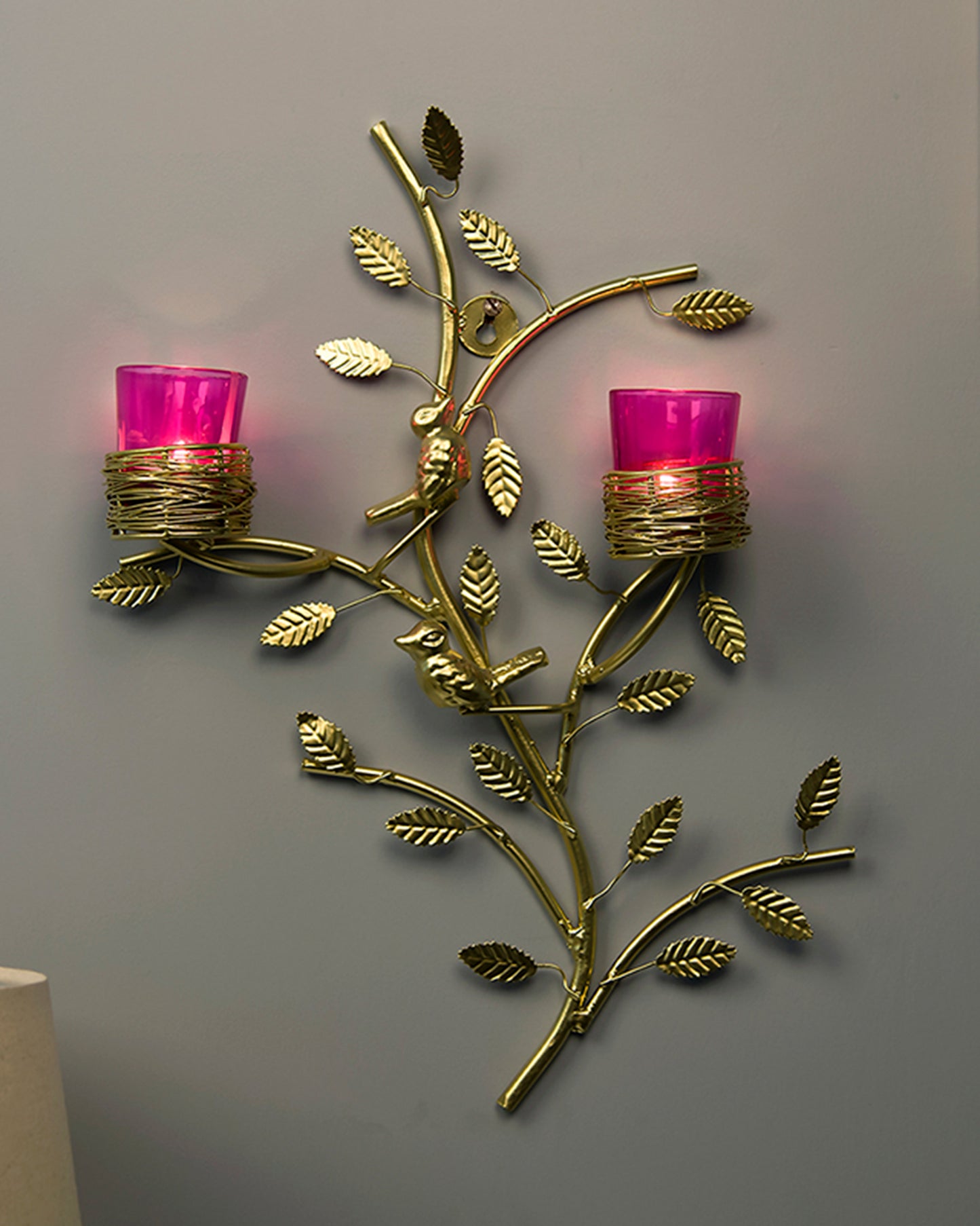 Golden Tree with Bird Nest Votive Stand Green, Wall Candle Holder and Tealight Candles