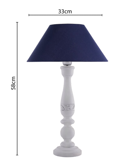 Floral Carved White Wood Table Lamp With Blue Shade