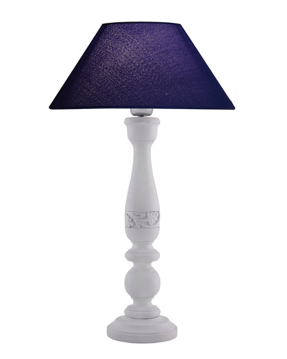 Floral Carved White Wood Table Lamp With Blue Shade