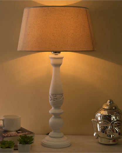 Floral Carved White Wood Table Lamp With Blue Shade