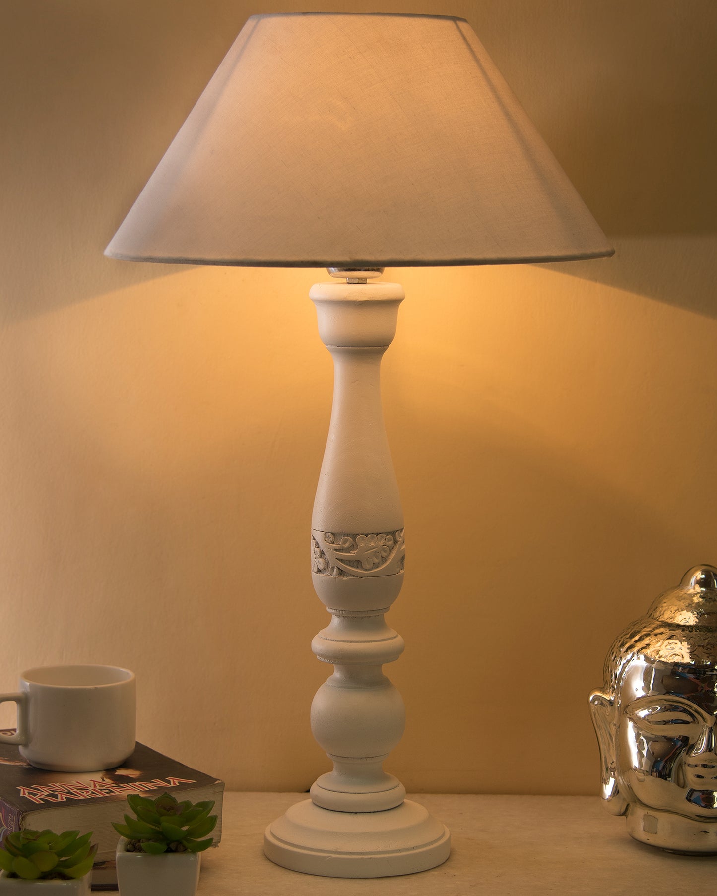 Floral Carved White Wood Table Lamp With Blue Shade