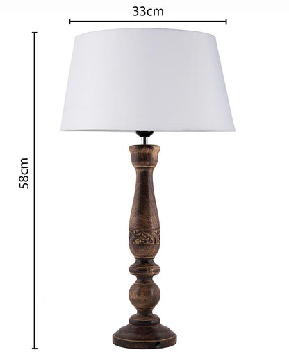 Floral Carved Black Wood Table Lamp With Drum Shade