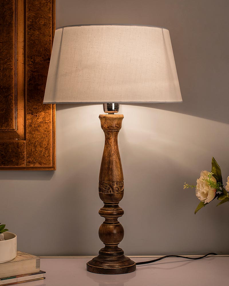 Floral Carved Black Wood Table Lamp With Drum Shade