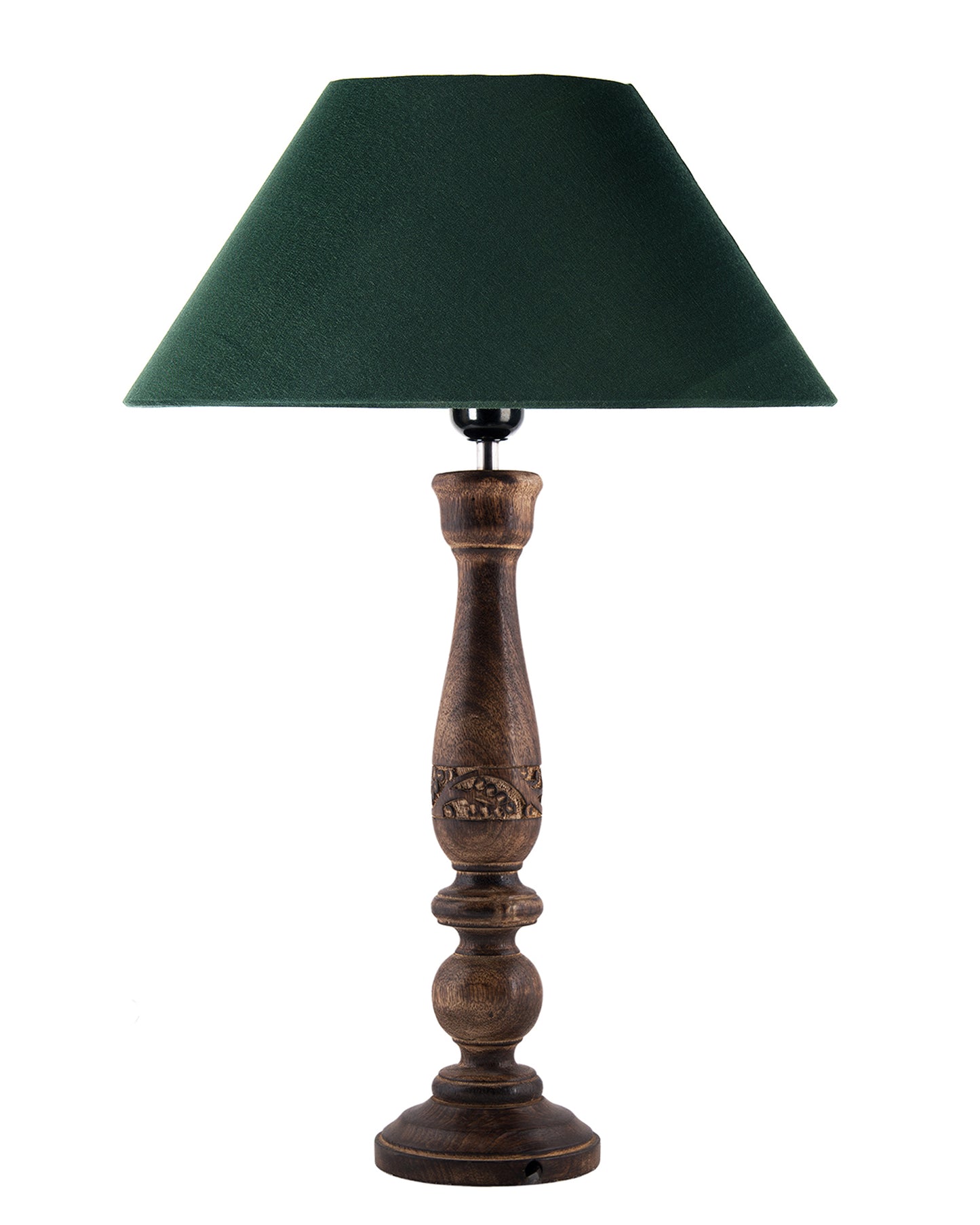 Floral Carved Black Wood Table Lamp With Drum Shade