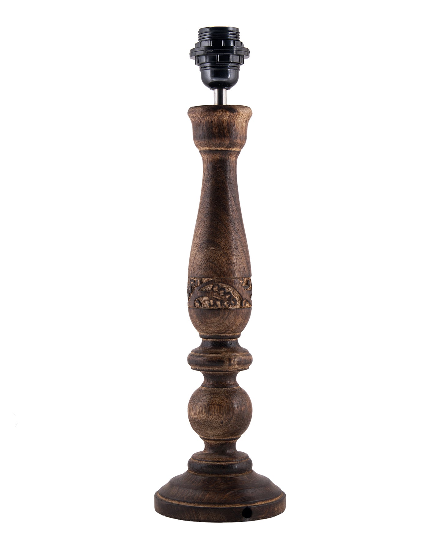 Floral Carved Black Wood Table Lamp With Drum Shade