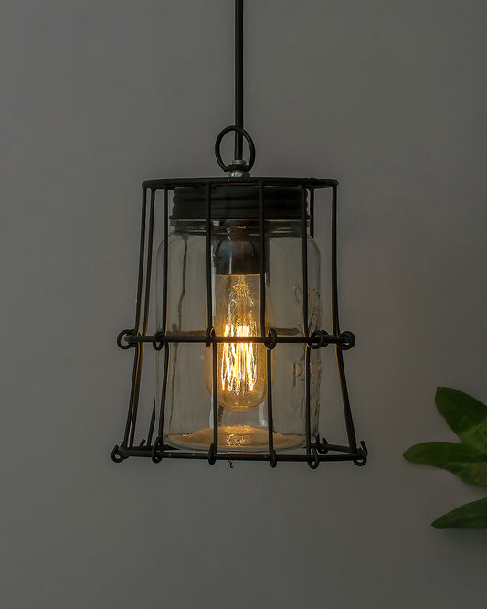 Black steel industrial pendant with Mason jar