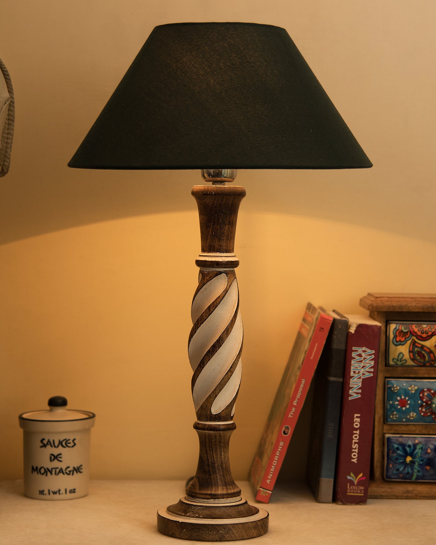 Antique White Twister wooden table lamp with shade