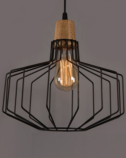 Industrial Loft Black Metal Cage Wood Art Pendant, Hanging Ceiling Lights, Edison Vintage light