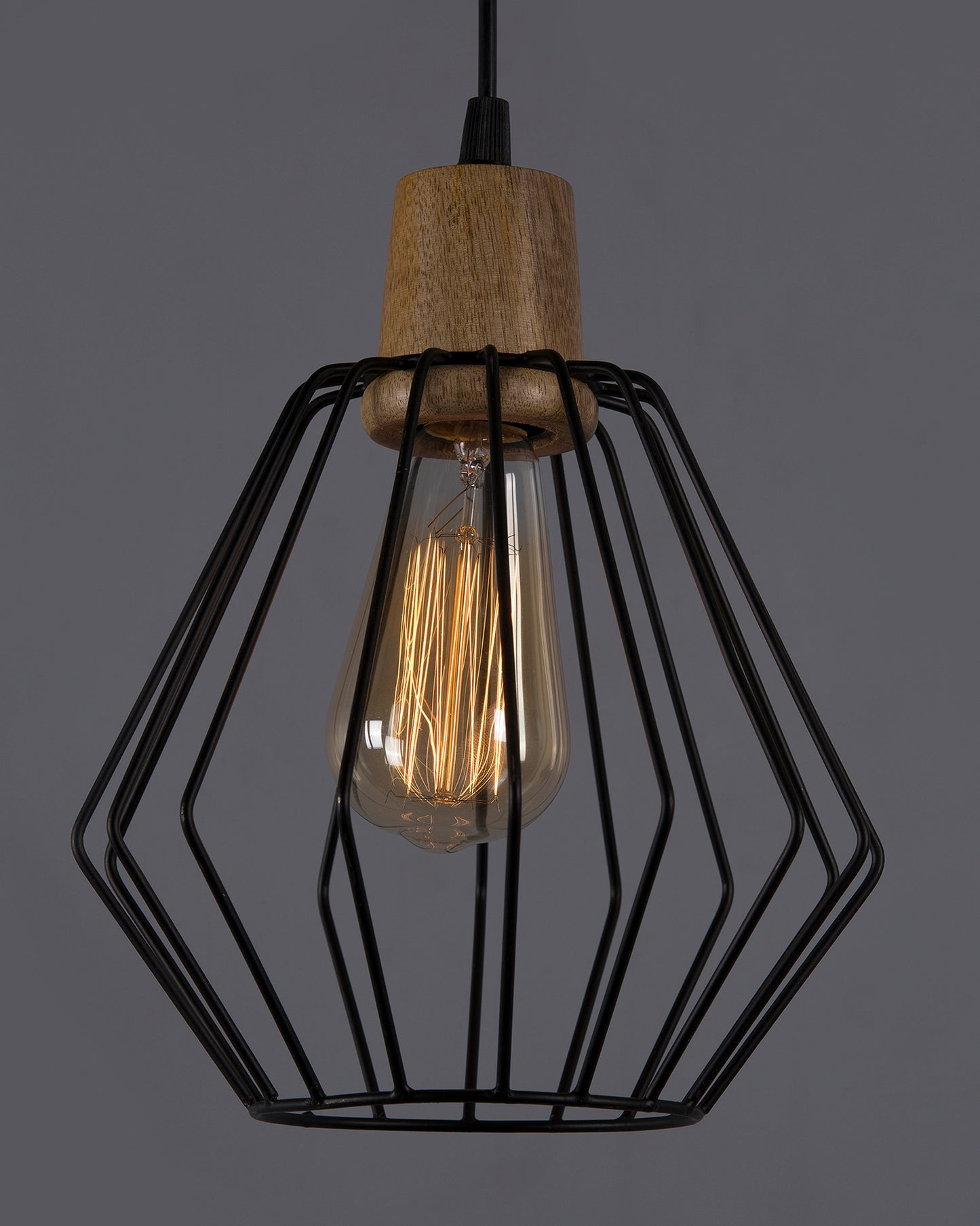 Industrial Loft Black Metal Cubist Cage Wood Art Pendant, Hanging Ceiling Lights, Edison Vintage light