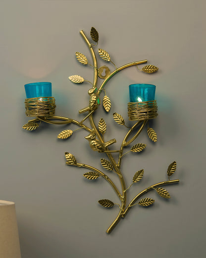 Tree with Bird Nest Votive Stand Turquoise, Wall Candle Holder and Tealight Candles