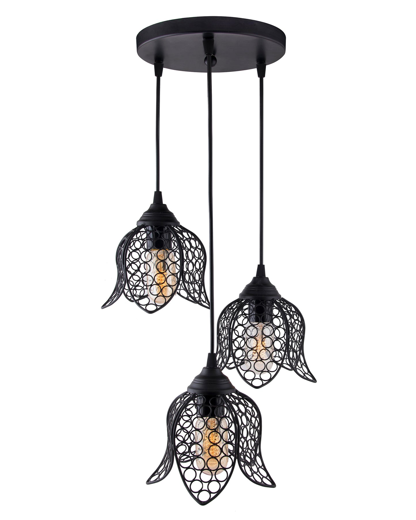 3-lights Cluster Chandelier Black Lotus Hanging Pendant Light with Braided Cord