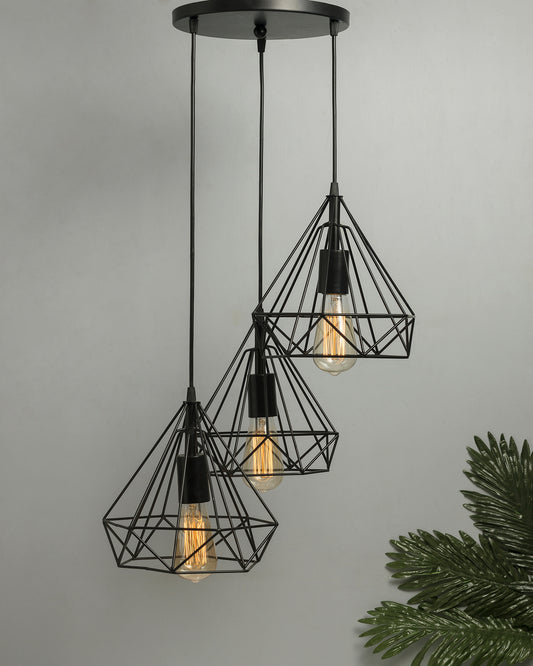 3-lights Cluster Chandelier Black Diamond Hanging Pendant Light with Black Cord