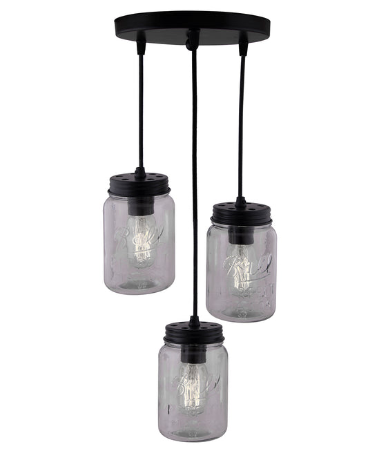 3-lights Cluster Chandelier Black Mason Jar Hanging Pendant Light with Braided Cord