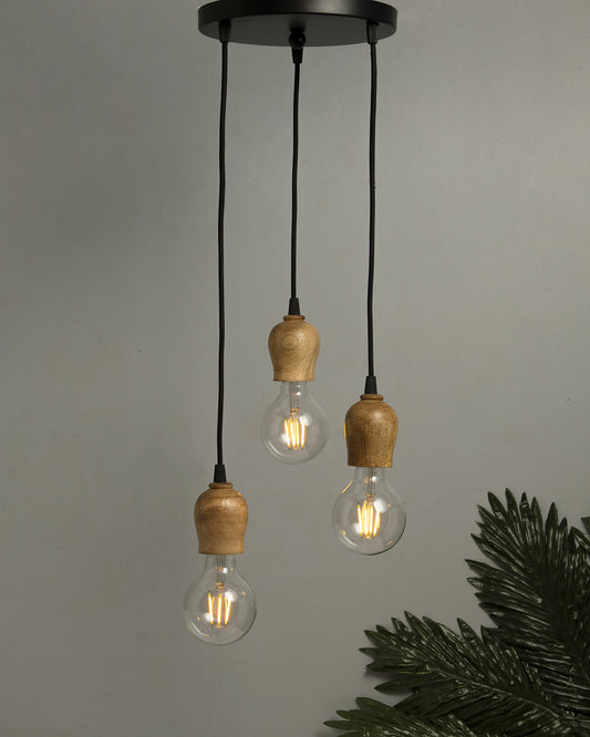 3-lights Round Cluster Chandelier Edison Filament Wooden Bubble holder Hanging Pendant Light with Braided Cord