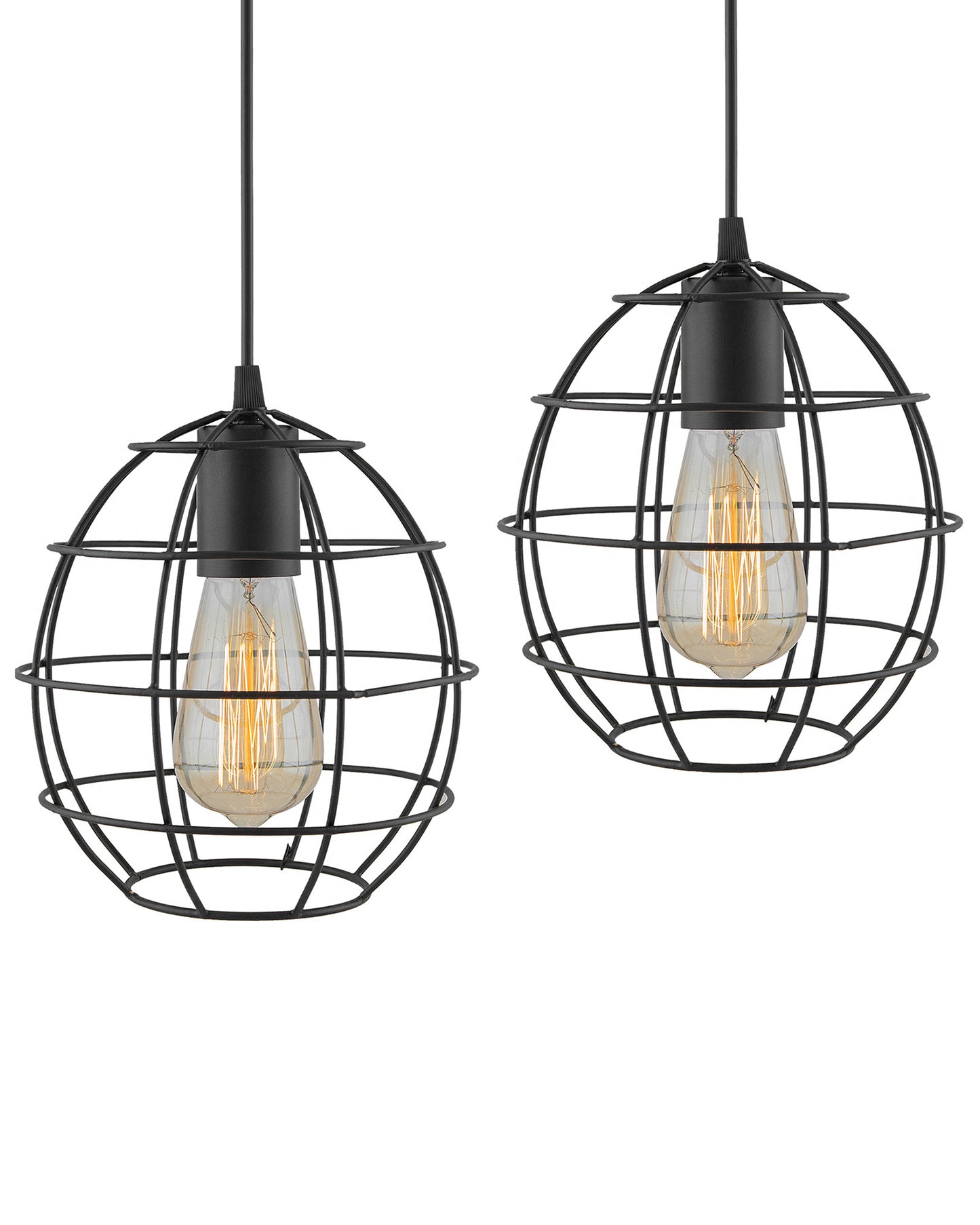 E27 Edison Vintage Black Metal Sphere Hanging Light, Set of 2, Pendant Ceiling Light Lamp