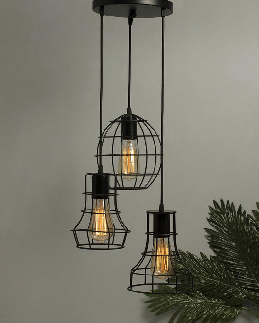 3-lights Round Cluster Chandelier Metal Hanging Pendant Light with Braided Cord, Industrial Retro modern light (Bulb not included)